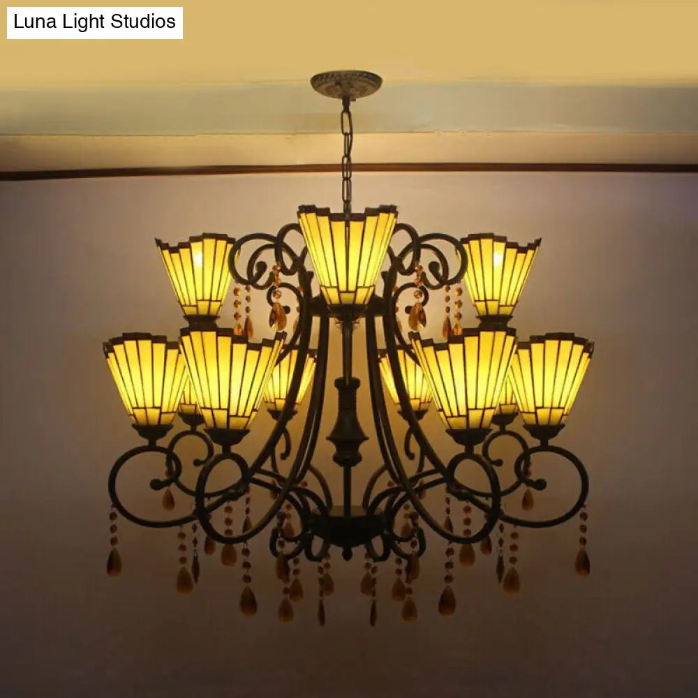 Country Geometric Stained Glass Chandelier With Crystal Pendants - 11 Lights Yellow