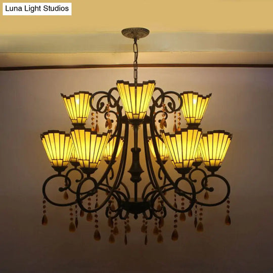 Country Geometric Stained Glass Chandelier With Crystal Pendants - 11 Lights Yellow