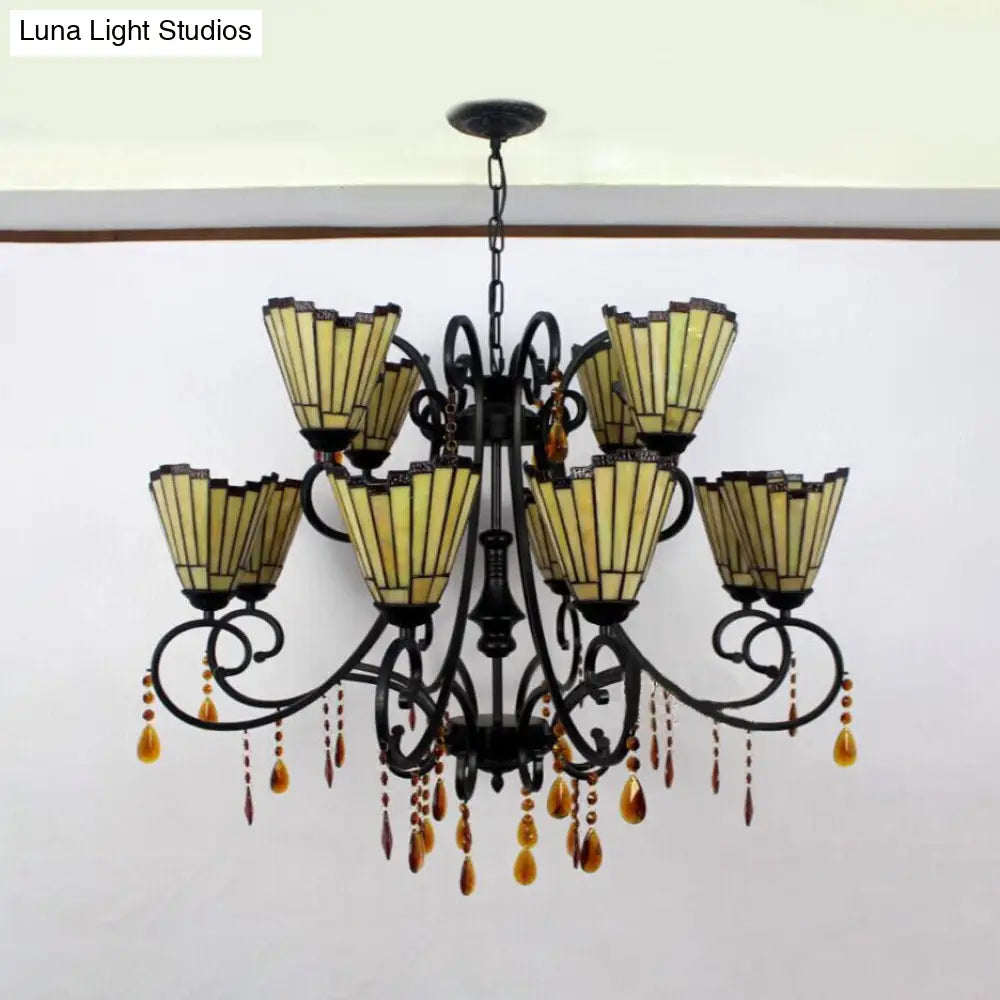 Country Geometric Stained Glass Chandelier With Crystal Pendants - 11 Lights Yellow