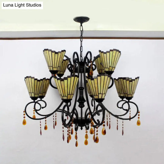 Country Geometric Stained Glass Chandelier With Crystal Pendants - 11 Lights Yellow
