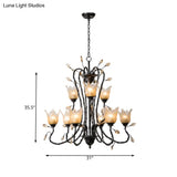 Country-Inspired Amber Glass Flower Pendant Chandelier - Black 9-Light Fixture For Dining Room