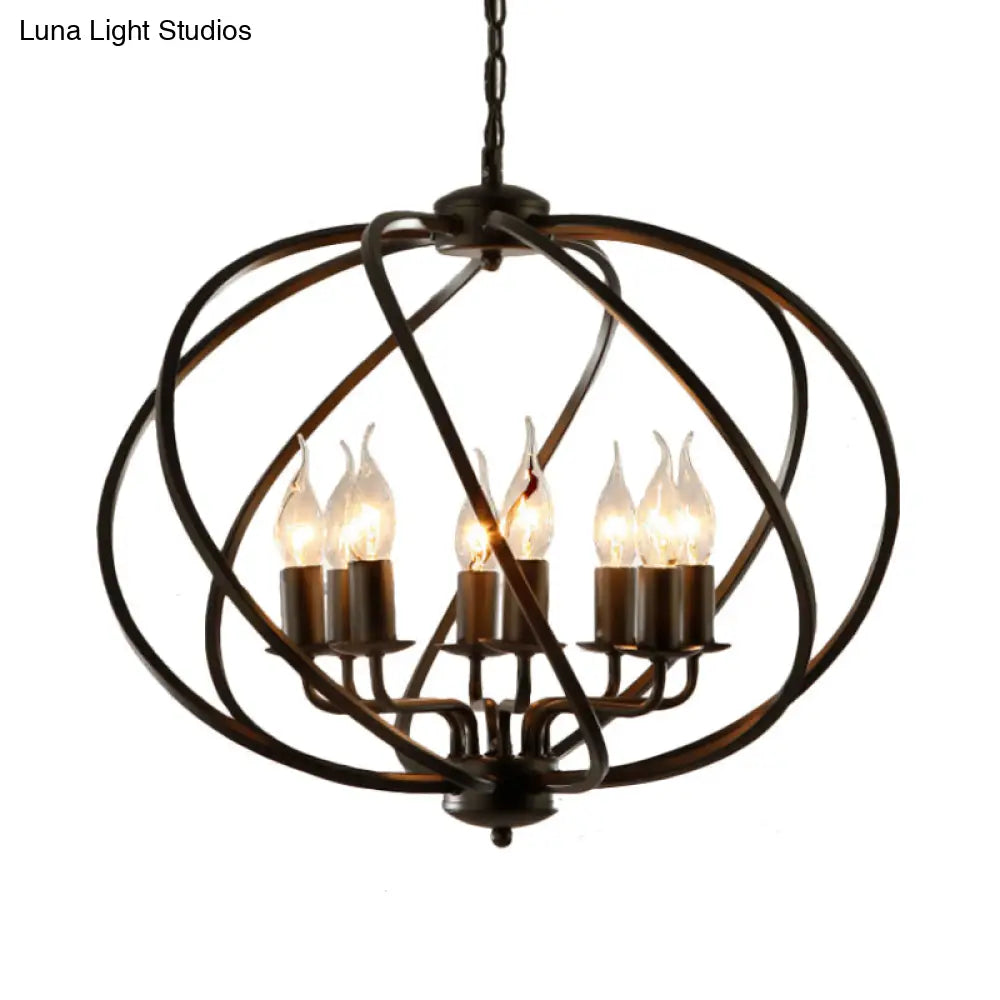 Country Metal Living Room Pendant Chandelier - Black Cage Fixture With 8 Lights