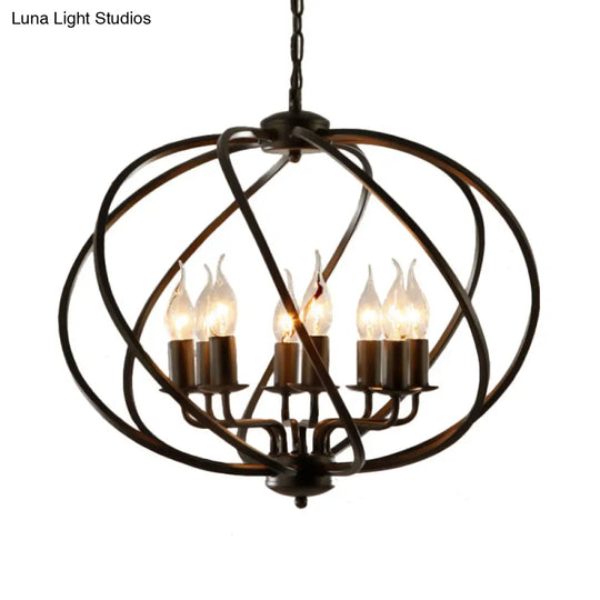 Country Metal Living Room Pendant Chandelier - Black Cage Fixture With 8 Lights