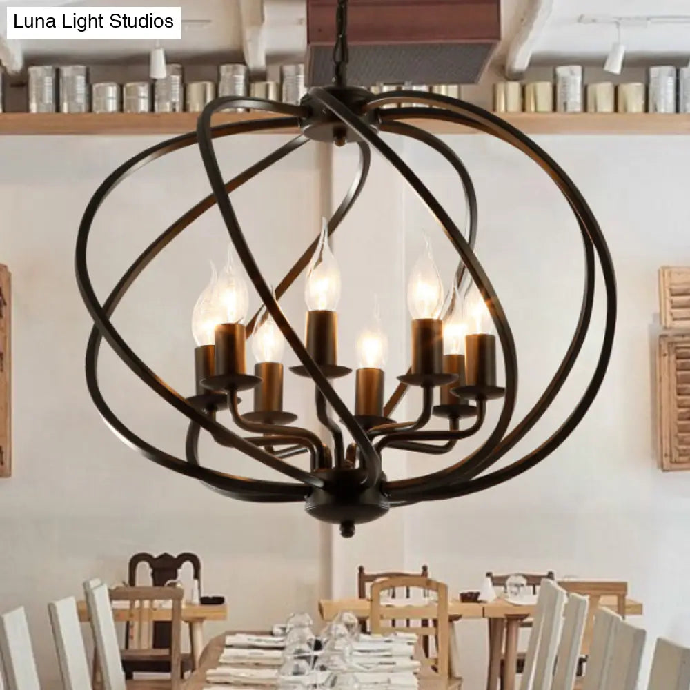 Country Metal Living Room Pendant Chandelier - Black Cage Fixture With 8 Lights