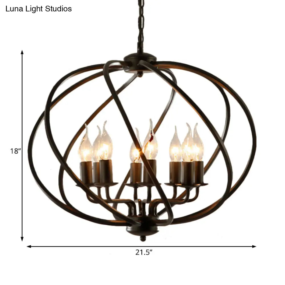 Country Metal Living Room Pendant Chandelier - Black Cage Fixture With 8 Lights