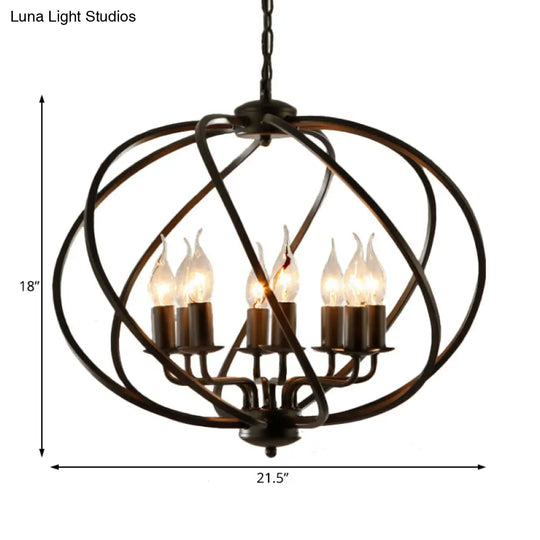 Country Metal Living Room Pendant Chandelier - Black Cage Fixture With 8 Lights