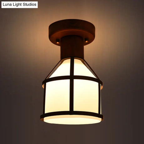 Country Opal Glass Dome Ceiling Light Fixture With Cage - Brown Flush Mount Lamp
