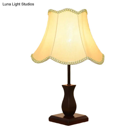 Country Paneled Bell Scalloped Fabric Night Stand Lamp - Beige/Burgundy