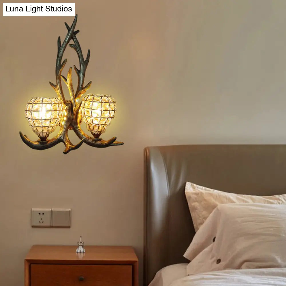 Country Resin Antler Wall Lighting 2-Light Sconce In Brown/Gold With Crystal Shade