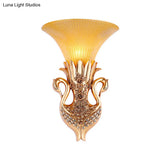 Country Resin Swan Wall Sconce Lamp With Amber Glass Shade And Gold Finish
