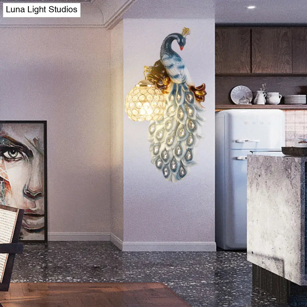 Country Resin Wall Sconce With Blue Peacock Design And Crystal Shade For Dining Room Lighting