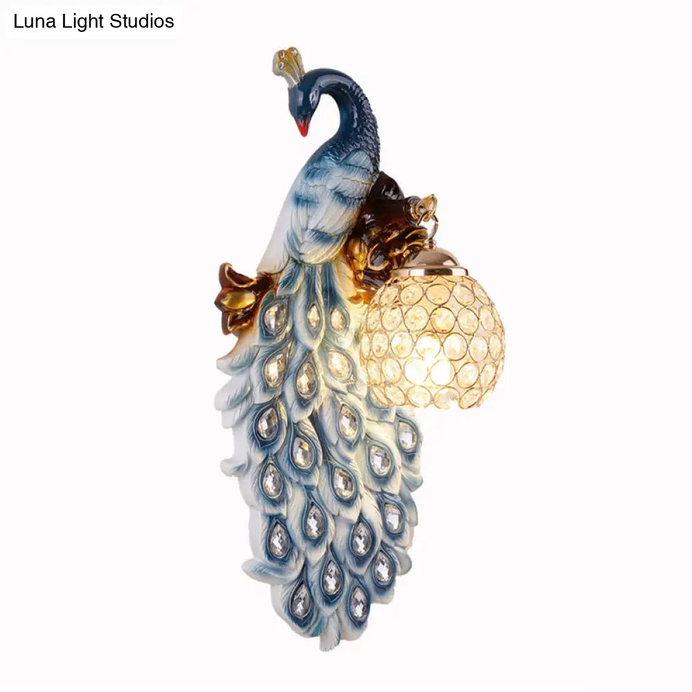 Country Resin Wall Sconce With Blue Peacock Design And Crystal Shade For Dining Room Lighting