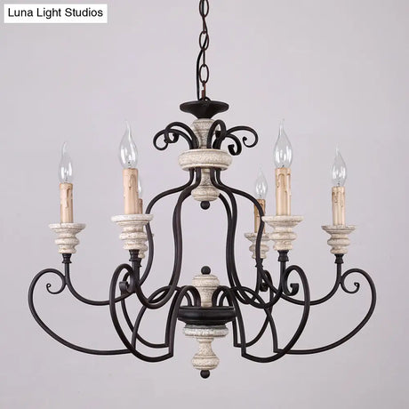 Country Rustic Metal Chandelier With 6 Candle-Style Lights - Scrolled Arms And Ceiling Suspension
