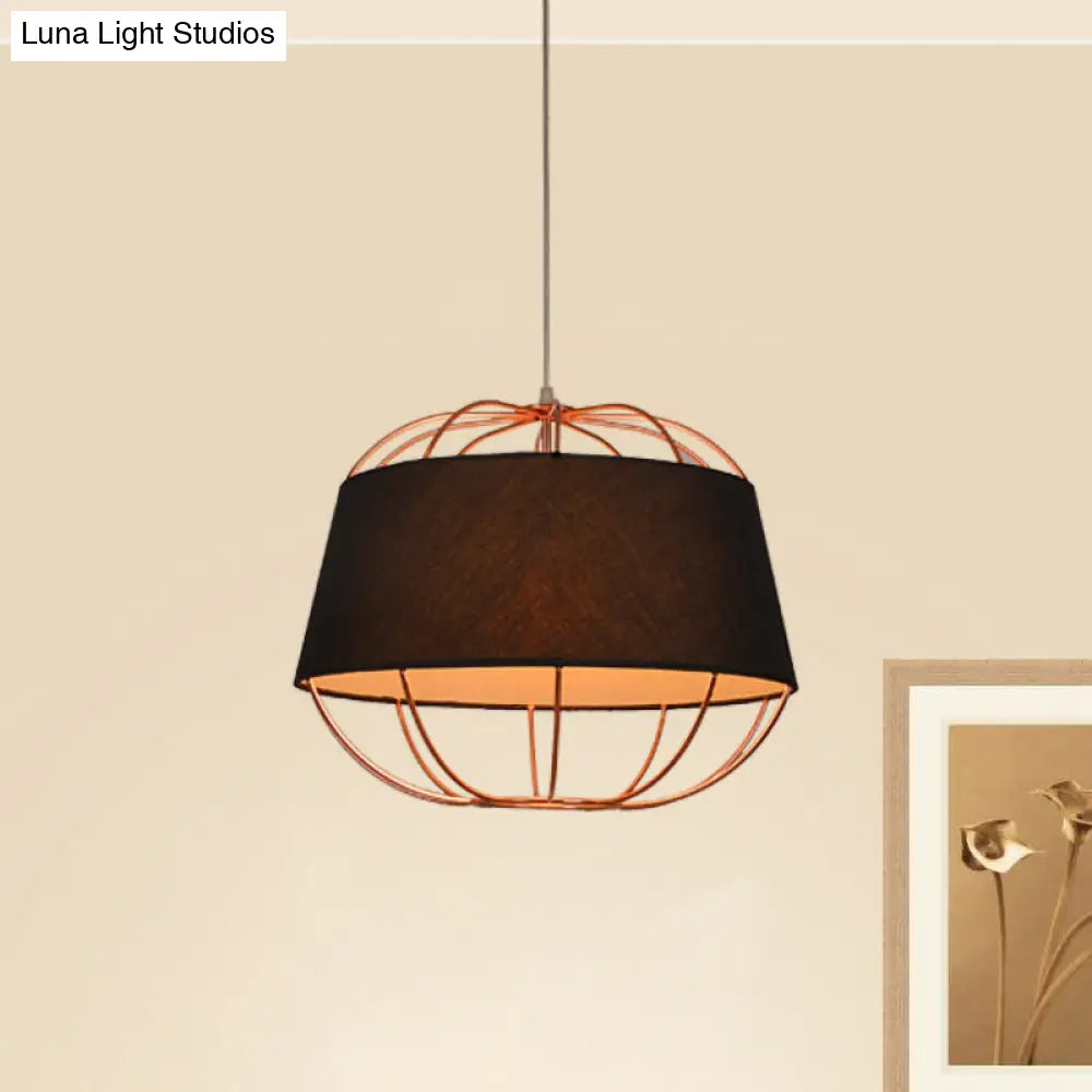 Country Style 1-Bulb Pendant Light Kit - Tapered Drum Fabric Hanging Lamp In White/Black With Wire