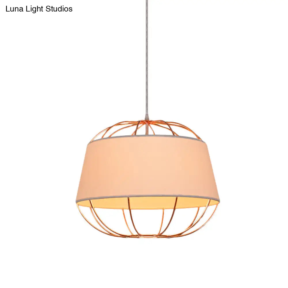 Country Style 1-Bulb Pendant Light Kit - Tapered Drum Fabric Hanging Lamp In White/Black With Wire
