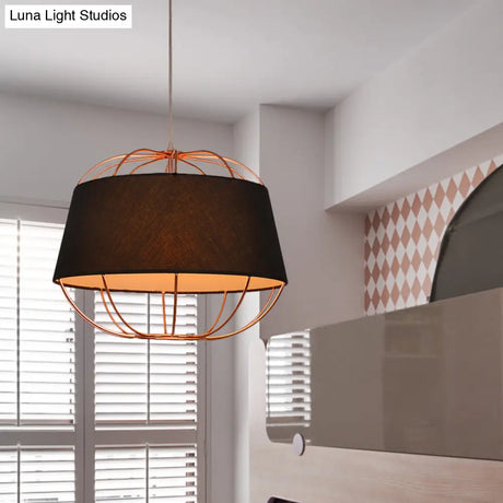 Country Style 1-Bulb Pendant Light Kit - Tapered Drum Fabric Hanging Lamp In White/Black With Wire