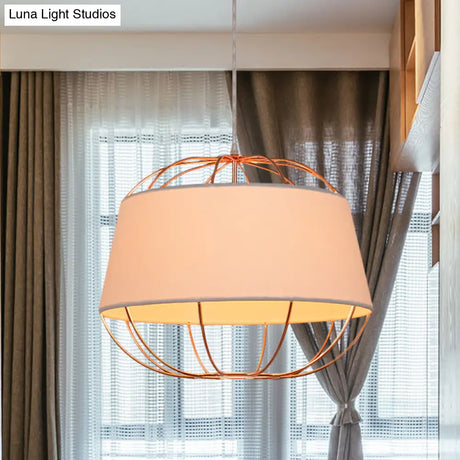 Country Style 1-Bulb Pendant Light Kit - Tapered Drum Fabric Hanging Lamp In White/Black With Wire