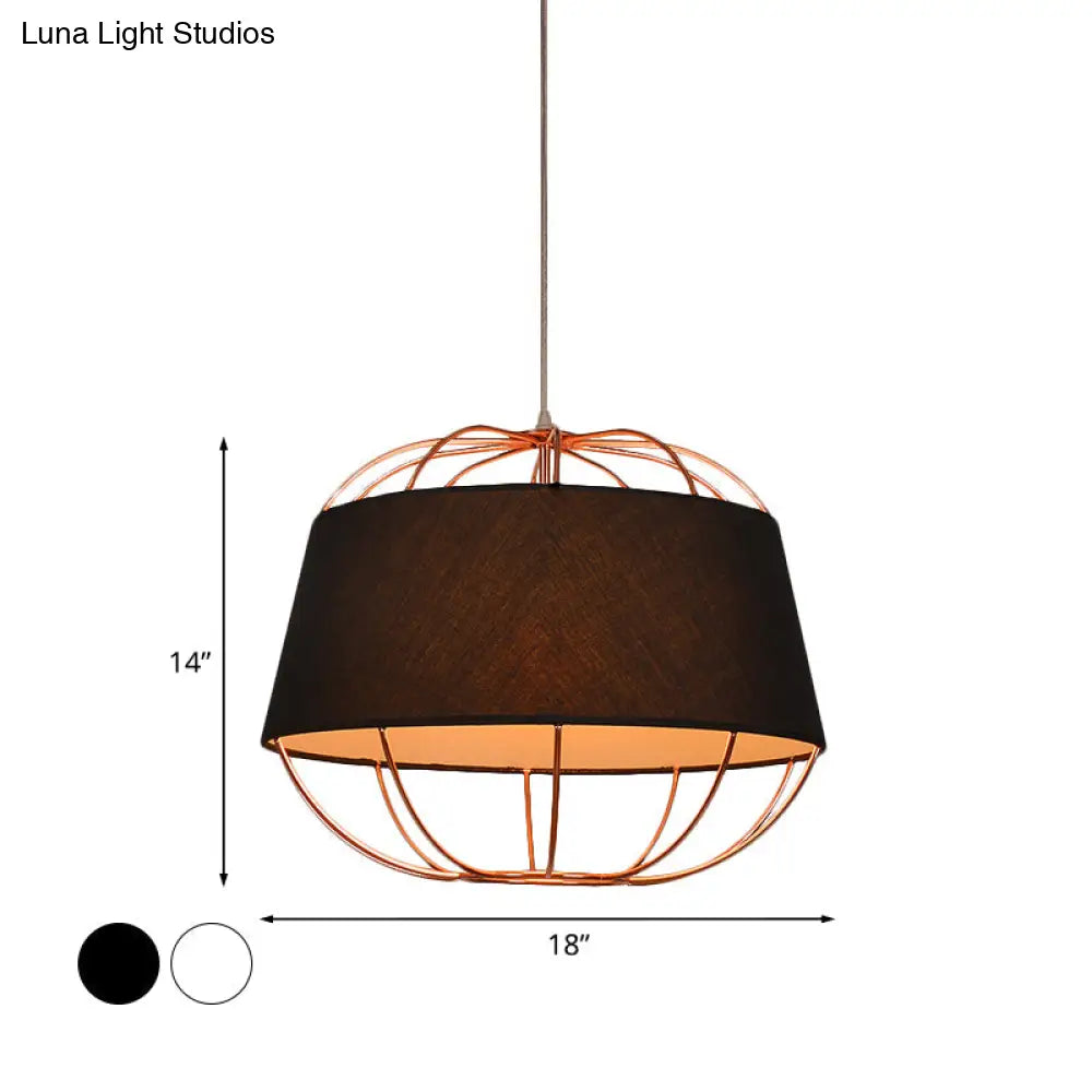 Country Style 1-Bulb Pendant Light Kit - Tapered Drum Fabric Hanging Lamp In White/Black With Wire