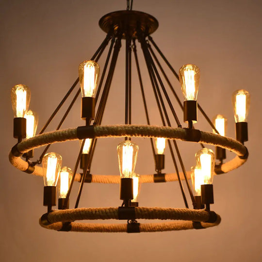 Country Style 14-Head Circular Roped Pendant Chandelier In Brown
