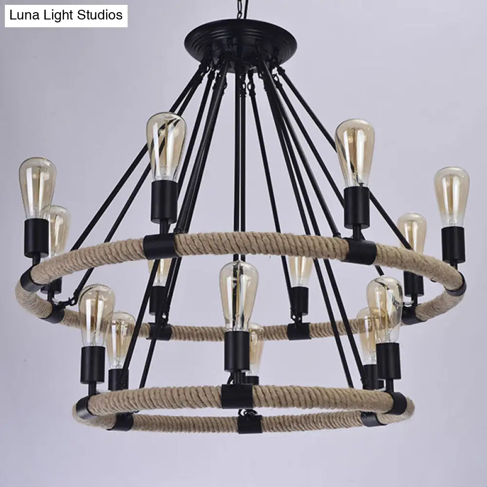 Country Style 14-Head Brown Pendant Chandelier With Circular Roped Design