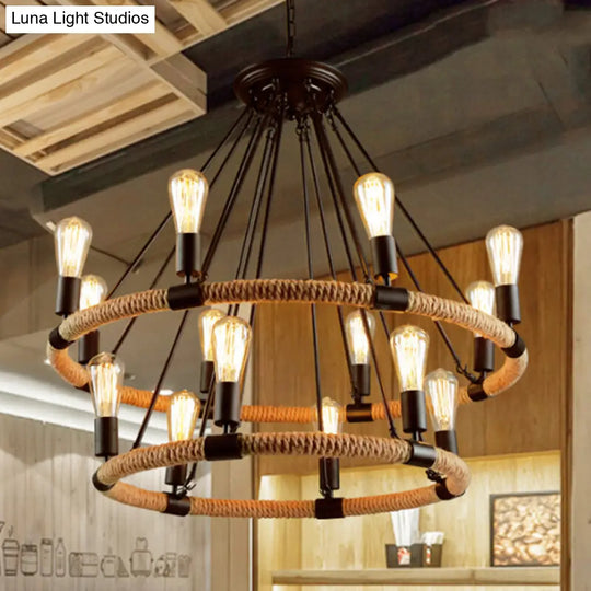 Country Style 14-Head Brown Pendant Chandelier With Circular Roped Design