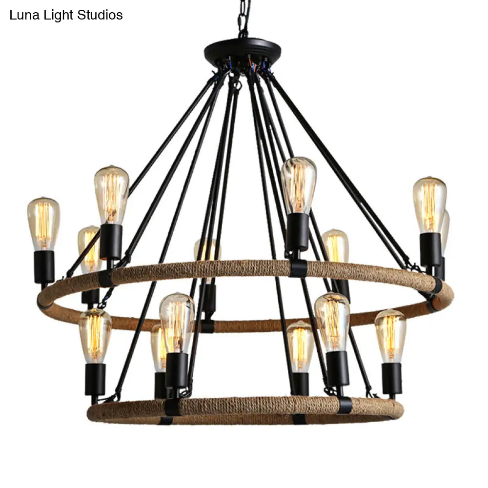 Country Style 14-Head Brown Pendant Chandelier With Circular Roped Design