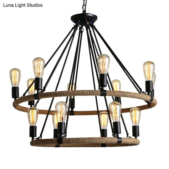 Country Style 14-Head Circular Roped Pendant Chandelier In Brown