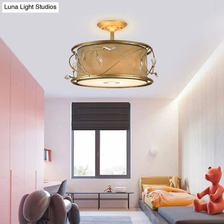 Country Style 3 - Bulb Semi Flush Mount Ceiling Light In Green Fabric - 16’/19.5’ Width