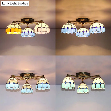 Country Style 3-Light Stained Glass Ceiling Light With Scalloped Edges In Blue And Clear