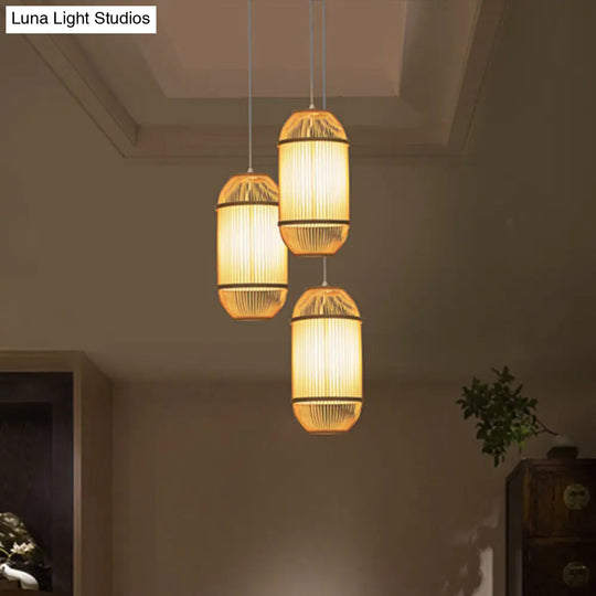 Country Style Bamboo 1-Light Oblong Shade Hanging Lamp - Ideal For Bedroom Ceiling Beige