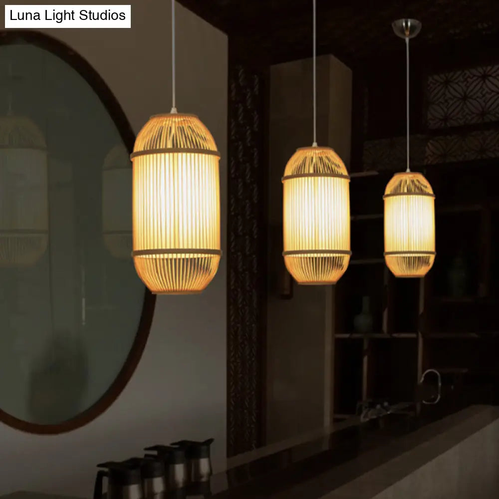 Country Style Bamboo 1-Light Oblong Shade Hanging Lamp - Ideal For Bedroom Ceiling Beige