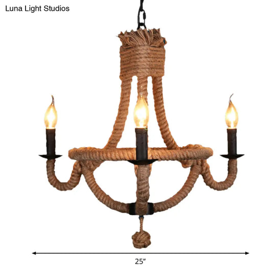 Country Style Black Metal Chandelier With 3 Candle Lights And Rope Detail