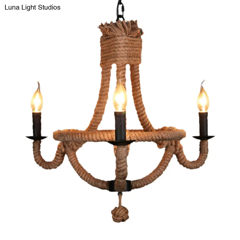 Country Style Black Metal Chandelier With 3 Candle Lights And Rope Detail