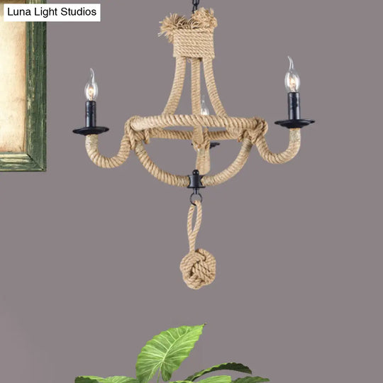 Country Style Black Metal Chandelier With Rope Detail - 3-Light Candle Pendant Light
