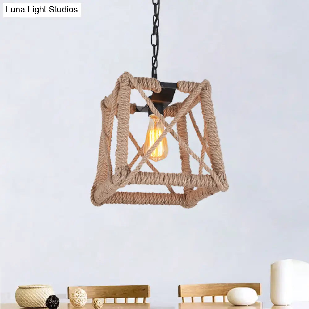 Country Style Black Metal Hanging Ceiling Light With Caged Bulb And Globe/Square Shade – Rope