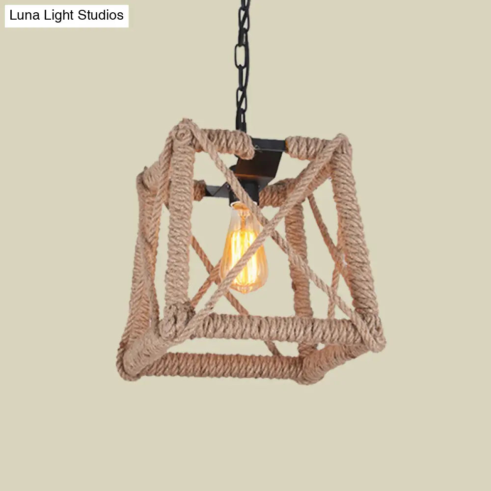 Country Style Black Metal And Rope Pendant Light - Caged Hanging Ceiling With Globe/Square Shade
