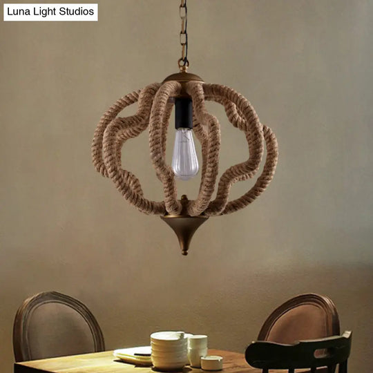 Country Style Black Metal Hanging Ceiling Light With Caged Bulb And Globe/Square Shade – Rope