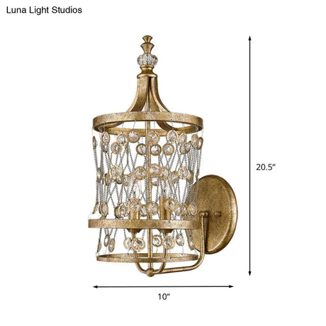 Country Style Brass Crystal Wall Sconce Lamp 2 Light Cascading Fixture For Bedroom
