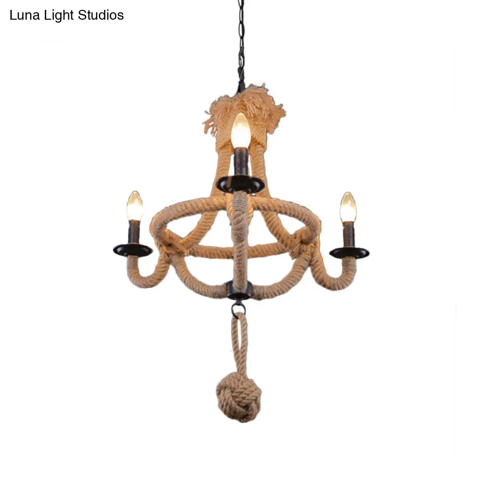 Country Style Brown Rope Hanging Lamp - Rustic 3-Headed Bowl Cage Light Fixture For Restaurants