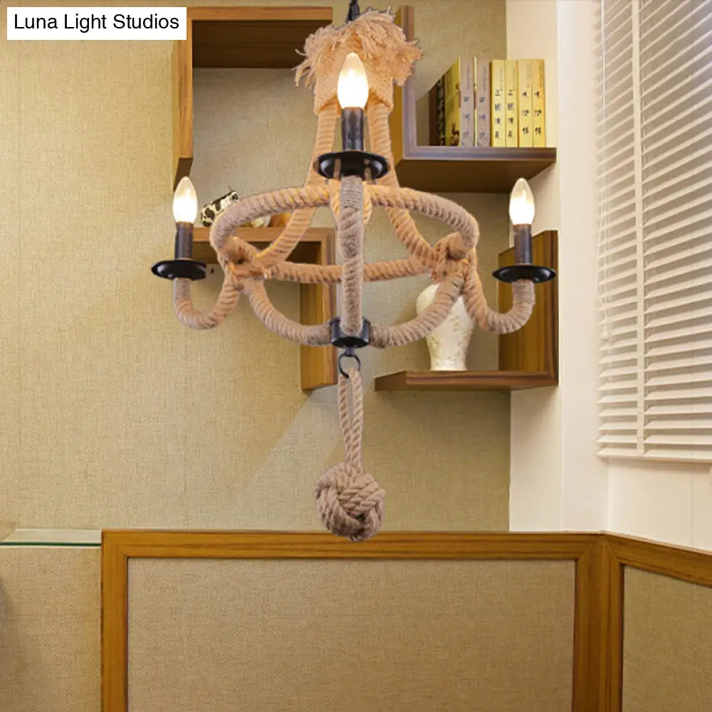 Country Style Brown Rope Hanging Lamp - Rustic 3-Headed Bowl Cage Light Fixture For Restaurants