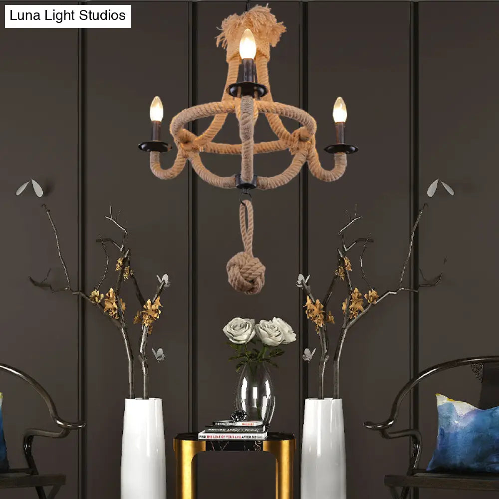 Country Style Brown Rope Hanging Lamp - Rustic 3-Headed Bowl Cage Light Fixture For Restaurants