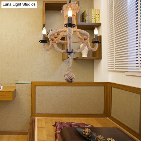 Country Style Brown Rope Hanging Lamp - Rustic 3-Headed Bowl Cage Light Fixture For Restaurants