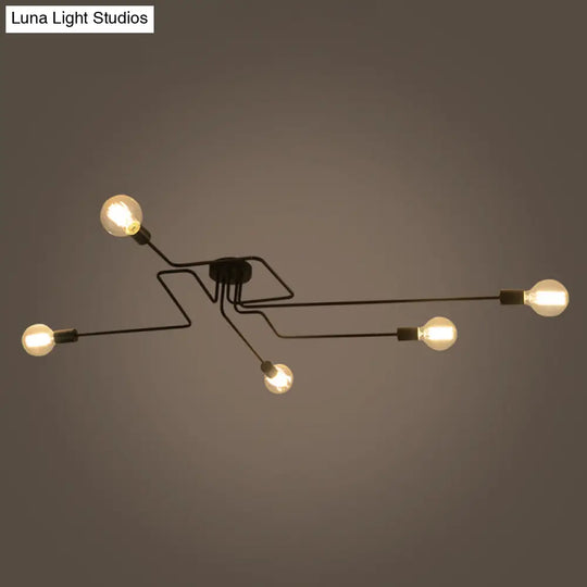 Country Style Ceiling Mounted Lamp: 5 - Light Semi Flush Mount In Black Exposed Bulb Design