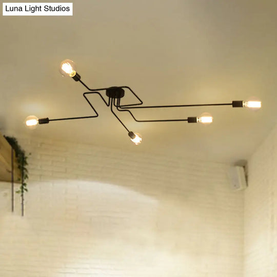 Country Style Ceiling Mounted Lamp: 5-Light Semi Flush Mount In Black Exposed Bulb Design