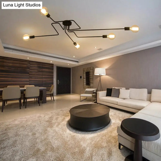 Country Style Ceiling Mounted Lamp: 5-Light Semi Flush Mount In Black Exposed Bulb Design