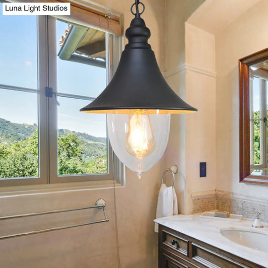 Country Style Flared Hanging Light - 1 Pendant With Clear Plastic Shade (Black Bronze Gold) Black