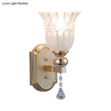 Country Style Frosted Glass Floral Wall Sconce Lamp - Gold Finish Lighting Fixture For Corridor