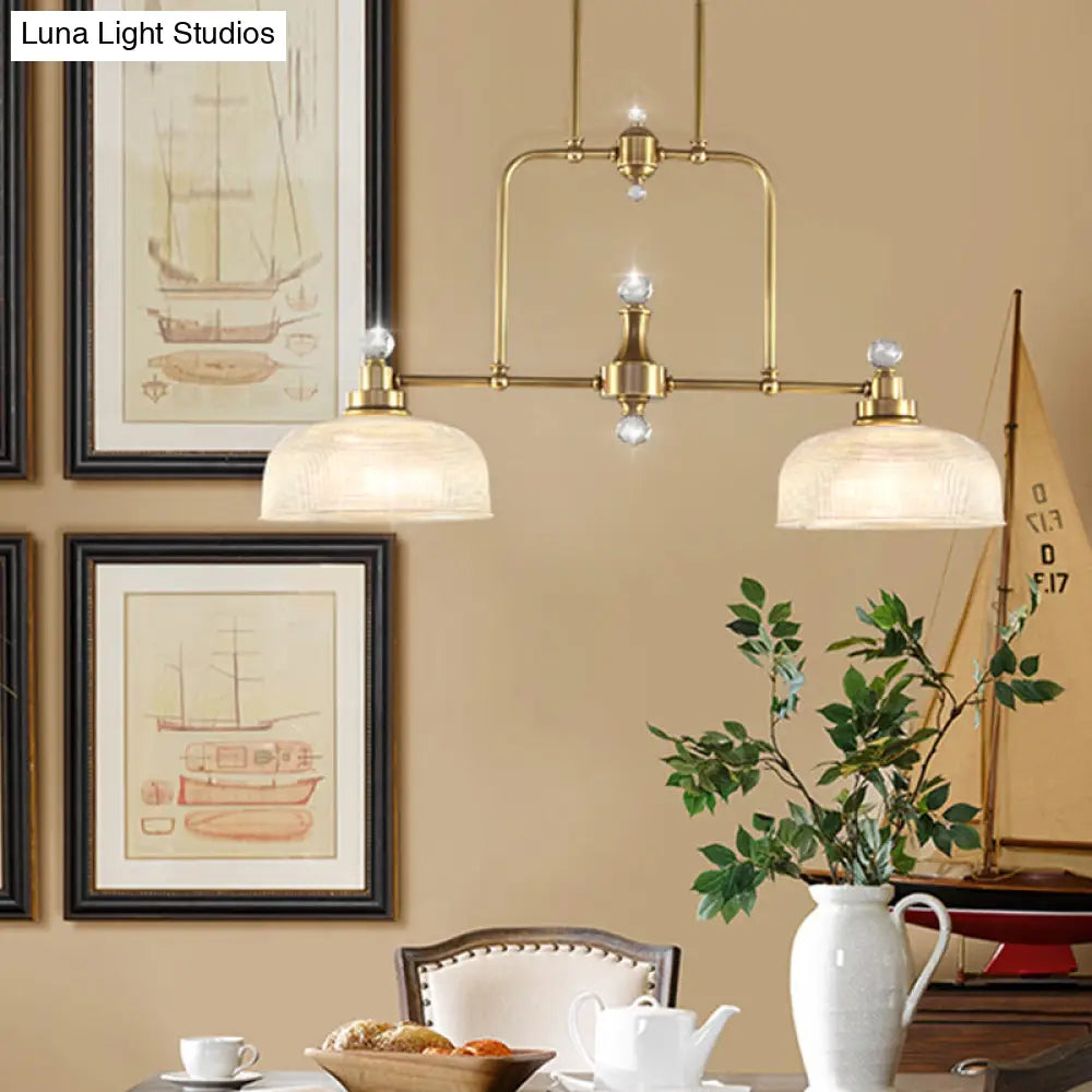 Country Style Gold Island Pendant With Clear Prismatic Glass And 2 Bulbs - Metal Hanging Light Kit
