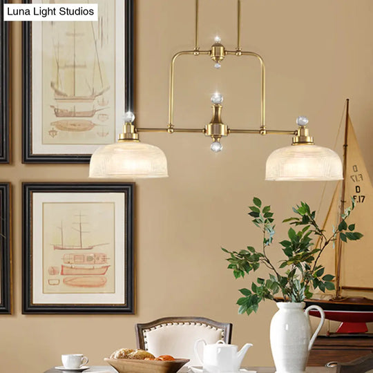 Country Style Gold Island Pendant With Clear Prismatic Glass And 2 Bulbs - Metal Hanging Light Kit