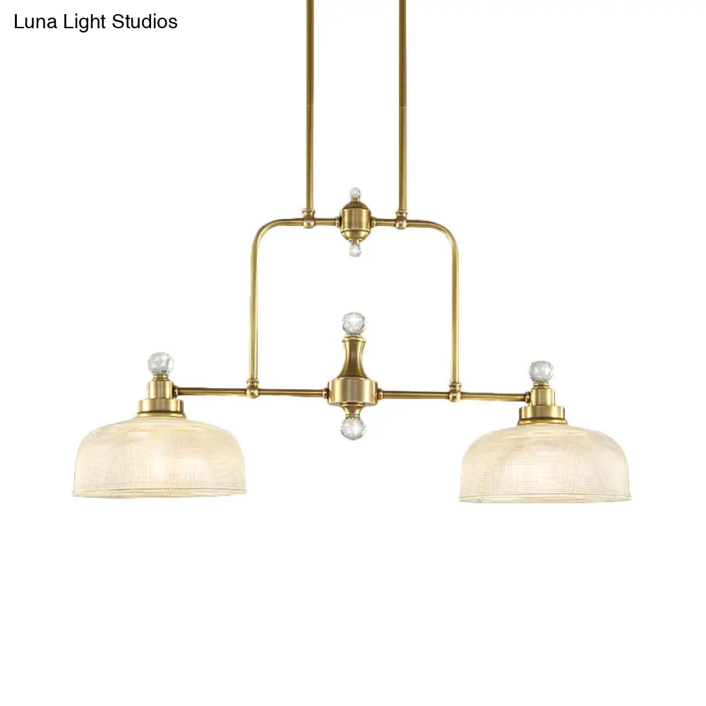 Country Style Gold Island Pendant With Clear Prismatic Glass And 2 Bulbs - Metal Hanging Light Kit